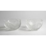 A pair of modern Lalique frosted glass bowls, with foliate moulded decoration,