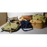 Fishing equipment; vintage tackle bags and creels, one creel bag combo some bags with contents,