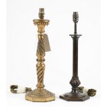 A Victorian style giltwood table lamp, the carved column on an octagonal foot,