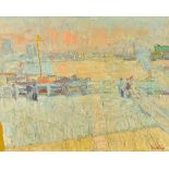 Jacques Truphemus (b.1922), Dutch Port scene at sunset, oil on canvas, signed, 71cm x 89.5cm.