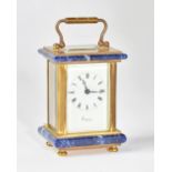 A miniature 'Asprey' brass cased carriage clock with blue marble mounts, 20th century,