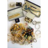 A group of costume jewellery, including bead and other necklaces, brooches, imitation pearls,