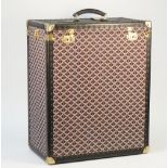 A Goyard style trunk with yellow lining and lift out trays, 60cm x 49cm x 30cm.