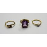 A 9ct gold ring, claw set with a cut cornered rectangular step cut amethyst, a gold and platinum,