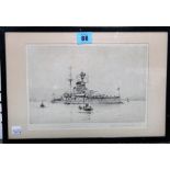 Rowland Langmaid (1897-1956), Warship, etching, signed in pencil, 16cm x 25cm.