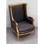A Louis XVI style gilt framed square back armchair with bow seat on fluted supports,