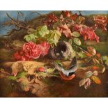 Theude Gronland (1817-1876), Still life of flowers, foliage and birds nest with bullfinch,