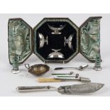 Silver and silver mounted wares, comprising; a set of four Victorian boat shaped salts,