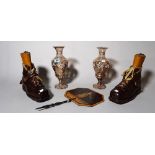 A pair of leather ski boots, a pair of enamelled glass vases,