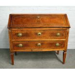 A 19th century Italian marquetry inlaid walnut bureau, the fitted interior over two long drawers,