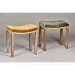 Two George VI limed oak Coronation stools both in original upholstery, 46cm wide x 48cm high.