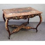 A 19th century figural and floral marquetry inlaid serpentine shaped centre table,