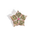 A gold, diamond, ruby set and green enamelled brooch,