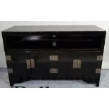 A 20th century black lacquer side cupboard with four door base, 120cm wide x 77cm high,