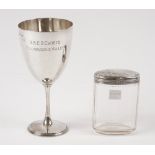 A silver trophy cup, presentation inscribed, raised on a circular foot, Sheffield 1896,