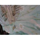 Two pairs of modern lined and interlined curtains with pale green floral decoration,