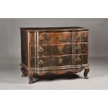 An 18th century North Italian ebonised serpentine three drawer commode,