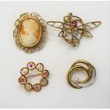 Four brooches, comprising; a 9ct gold pink stone and diamond brooch designed as a dragonfly,