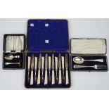 Silver and silver mounted flatware, comprising; a set of six silver bladed dessert knives,