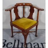 An 18th century style mahogany corner chair, with double vase back, 80cm wide x 82cm high.