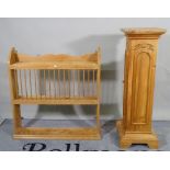 A 20th century pine pedestal, 32cm wide x 106cm high and a 20th century pine hanging plate rack,