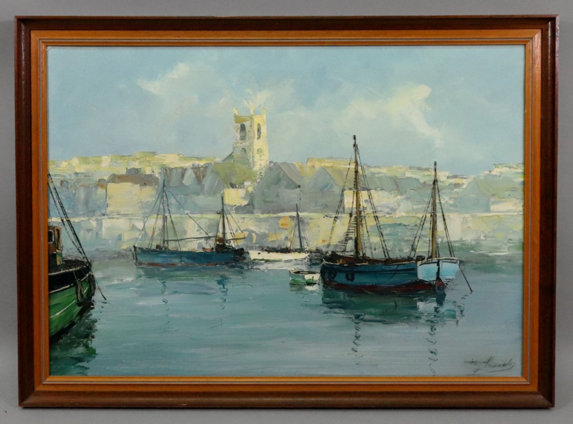 English School, 20th Century, Boats in a harbour, indistinctly signed 'B Leach?' (lower right), - Image 2 of 2