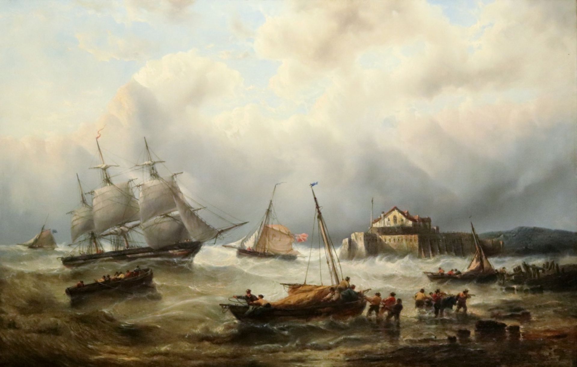 Francois-Etienne Musin (Belgian, 1820-1888), Shipping in rough seas outside a harbour,