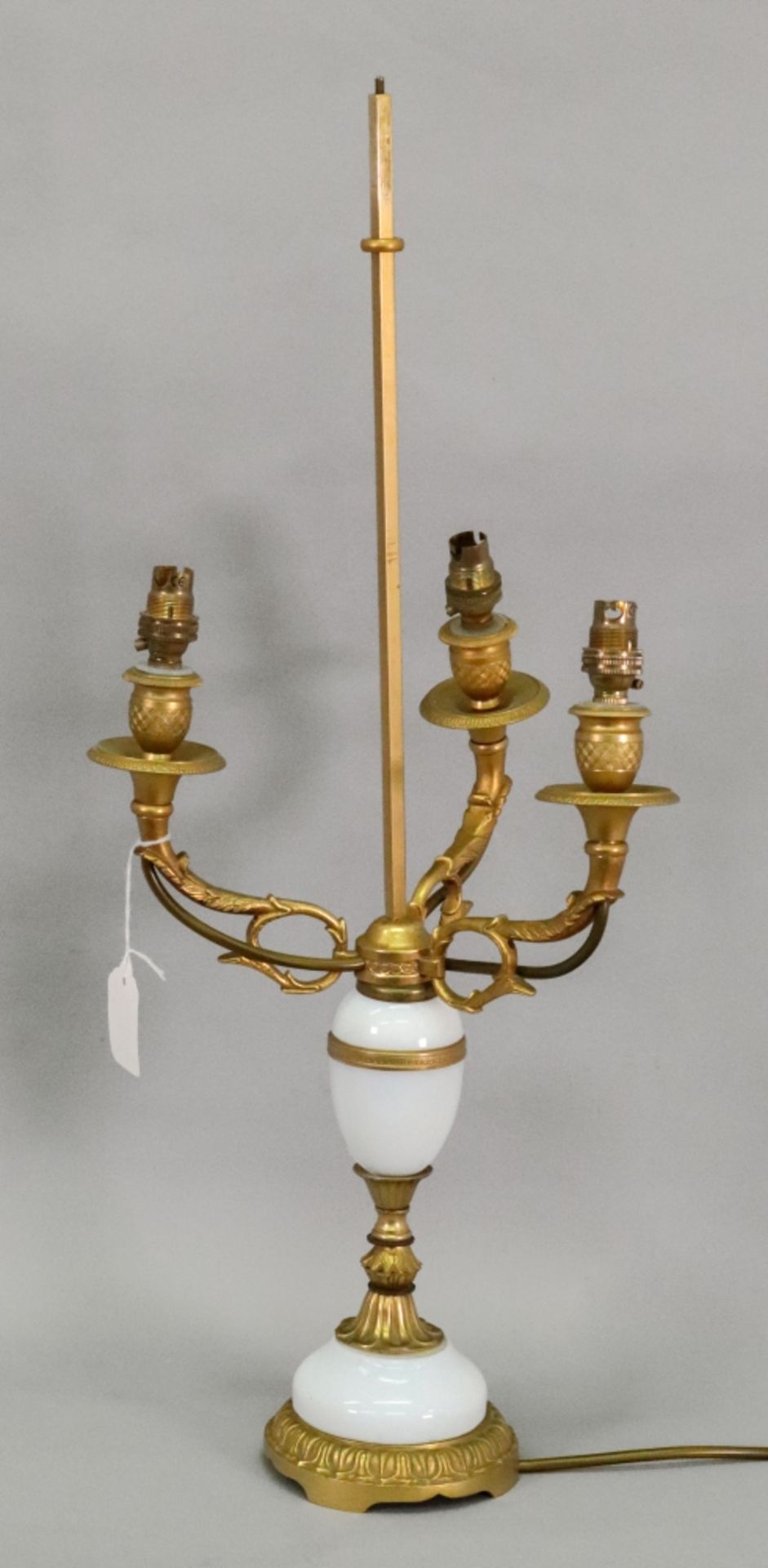 A French gilt metal and white opaline glass three light candelabrum, 20th century, - Bild 3 aus 3