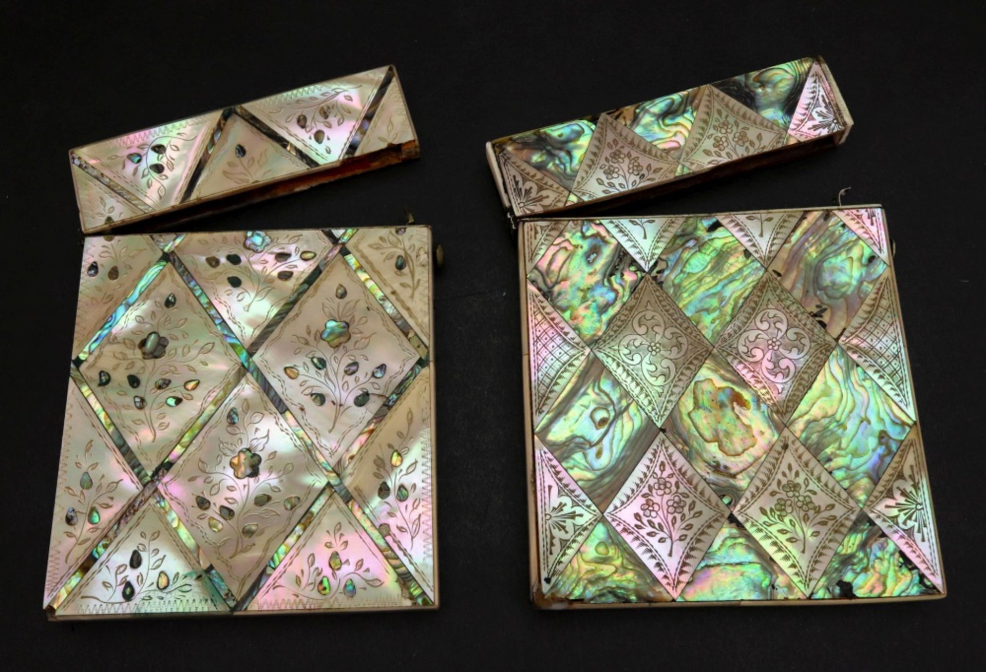 Two Victorian mother of pearl and abalone shell diamond pattern visiting card cases, - Bild 2 aus 2