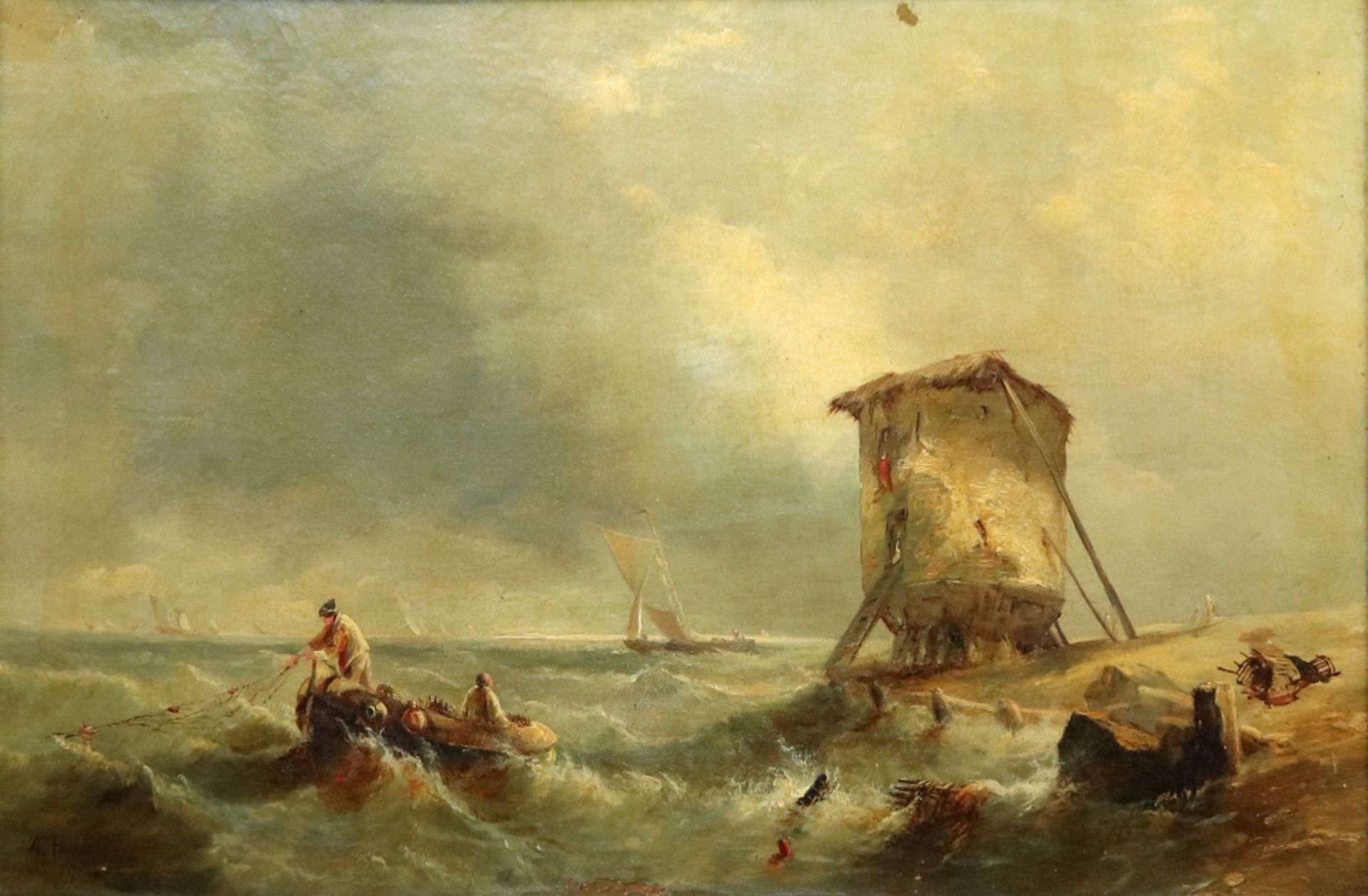 A Hunt (British, 19th Century) Hauling in the fishing nets,