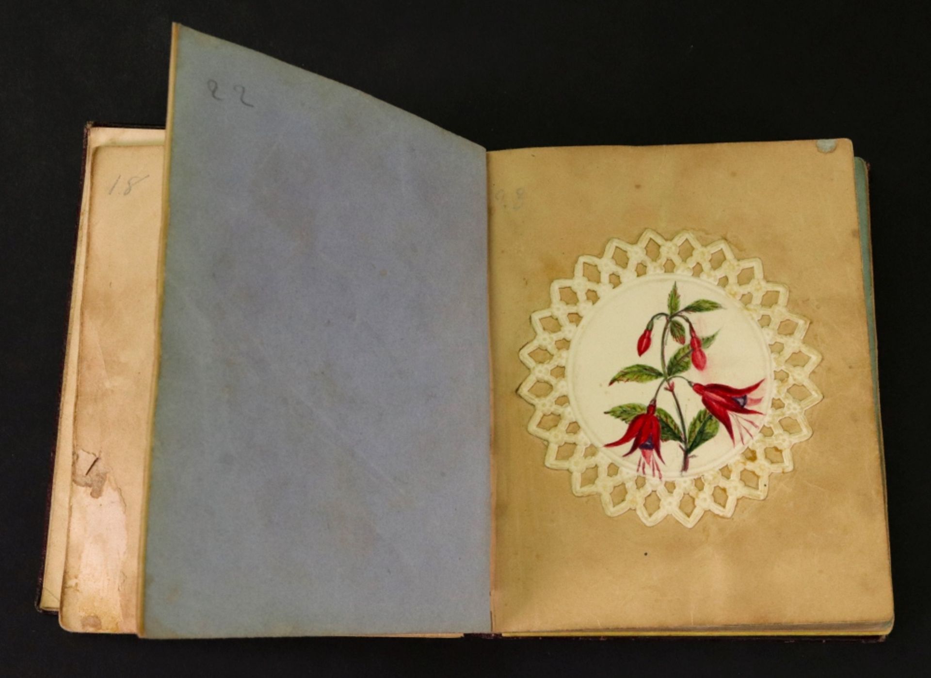 A small Victorian gilt tooled crushed morocco album, containing a collection of watercolours, - Bild 2 aus 3