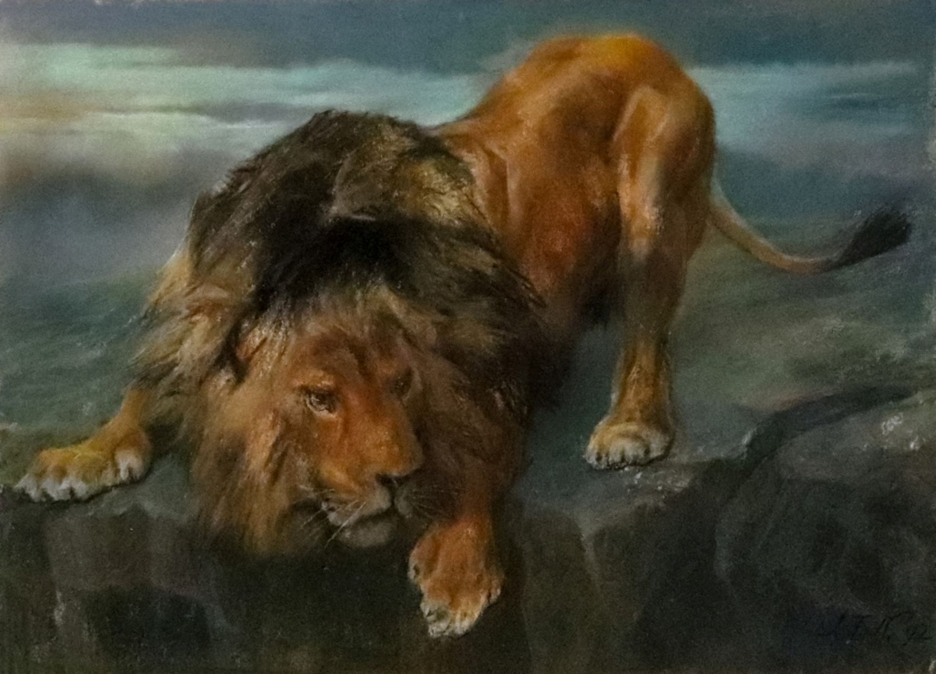 John Trivett Nettleship (British, 1841-1902), A lion on a rocky ledge,