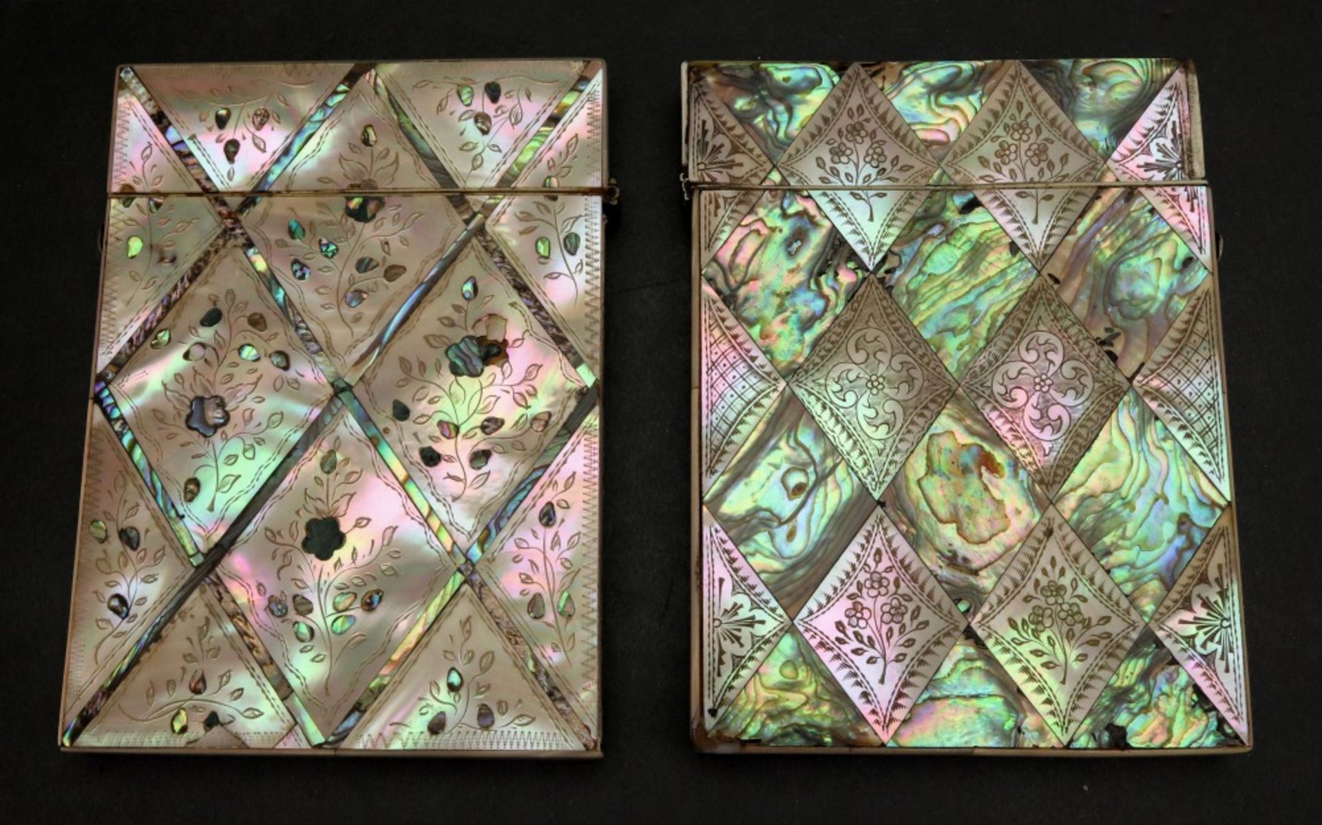 Two Victorian mother of pearl and abalone shell diamond pattern visiting card cases,