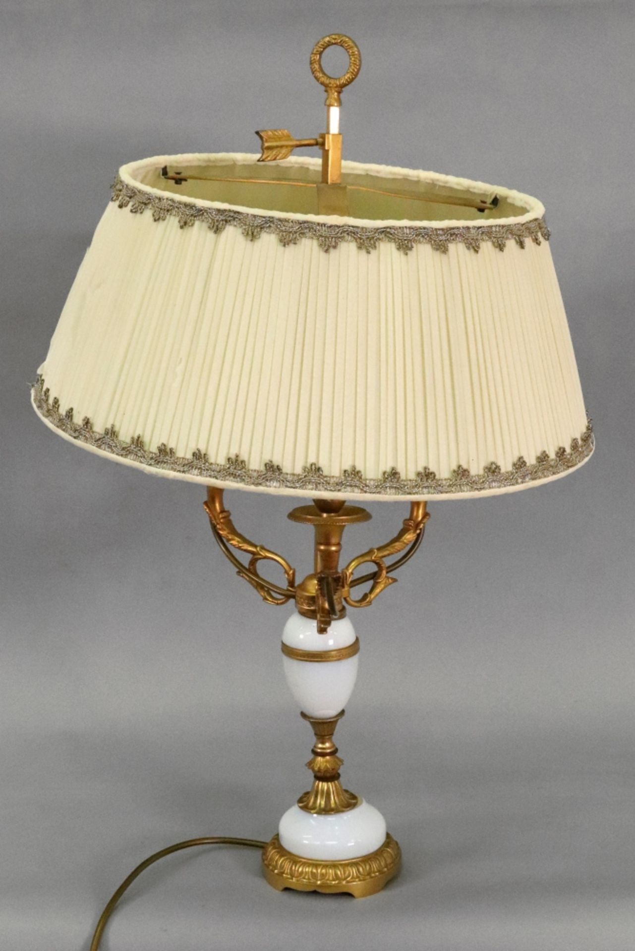 A French gilt metal and white opaline glass three light candelabrum, 20th century,