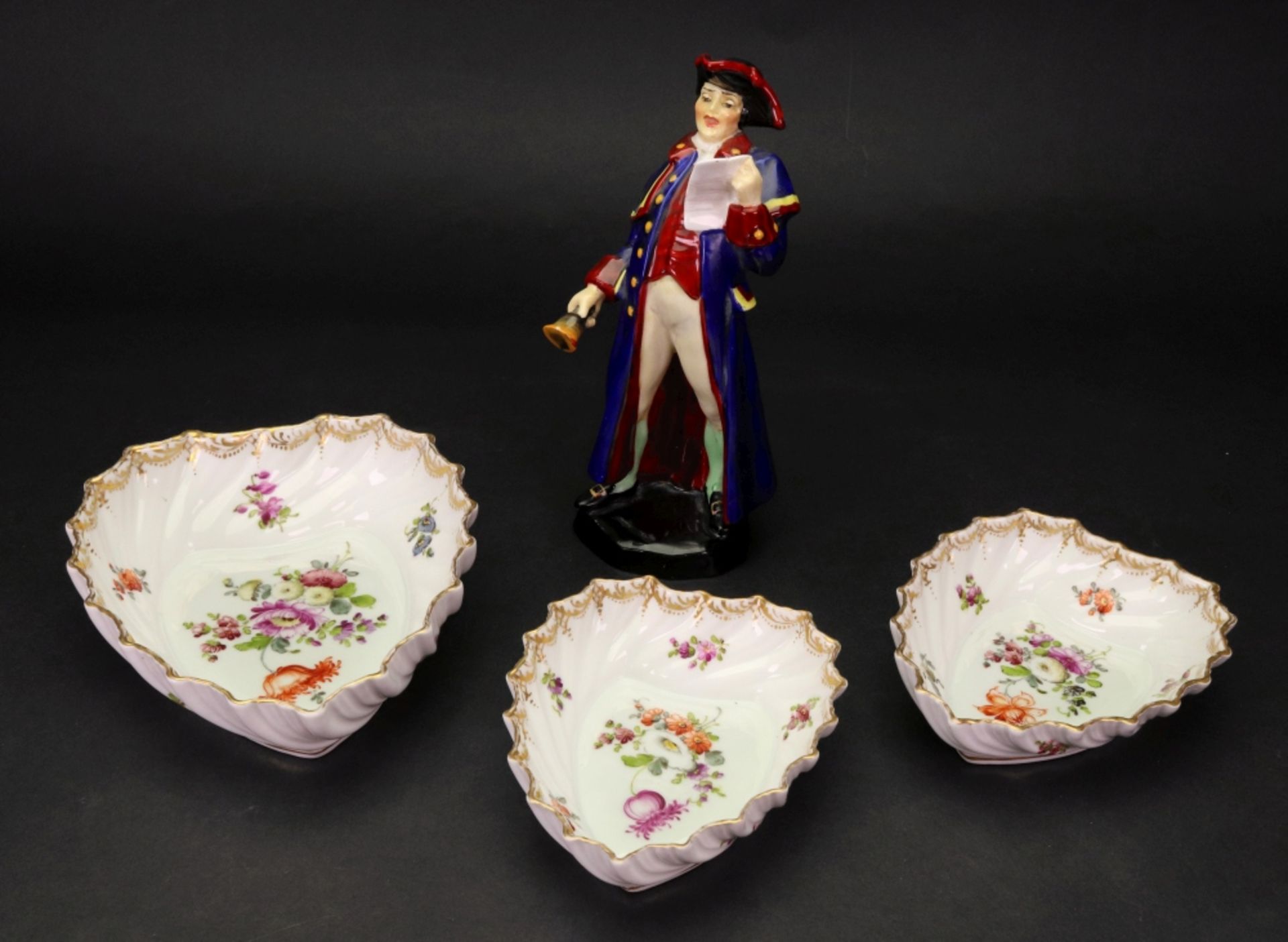 Three Dresden heart shape dishes, painted with bouquets of scattered flowers and gilded,