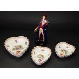 Three Dresden heart shape dishes, painted with bouquets of scattered flowers and gilded,