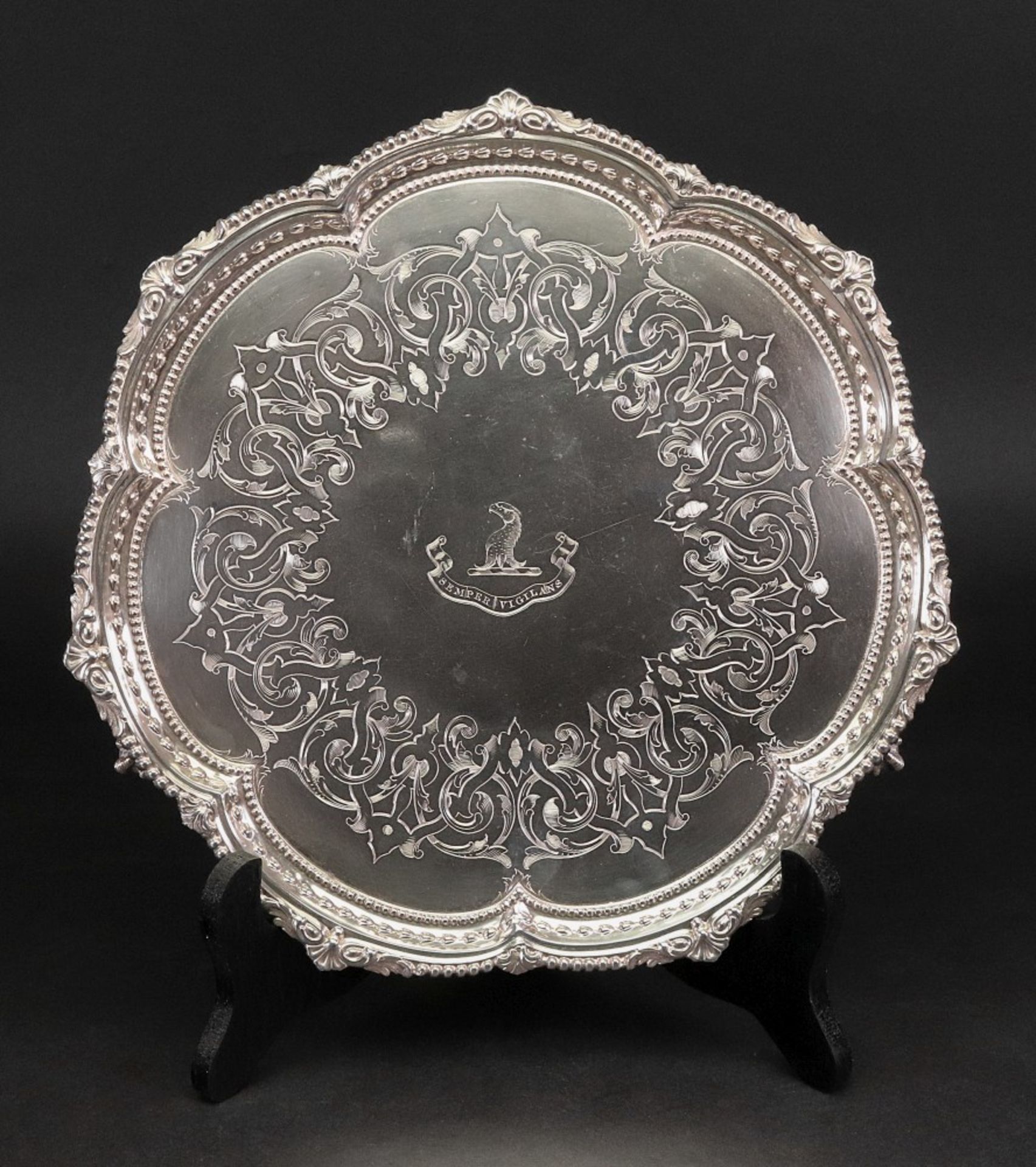 A Victorian shaped circular silver salver, Martin Hall & Co, Sheffield 1856,