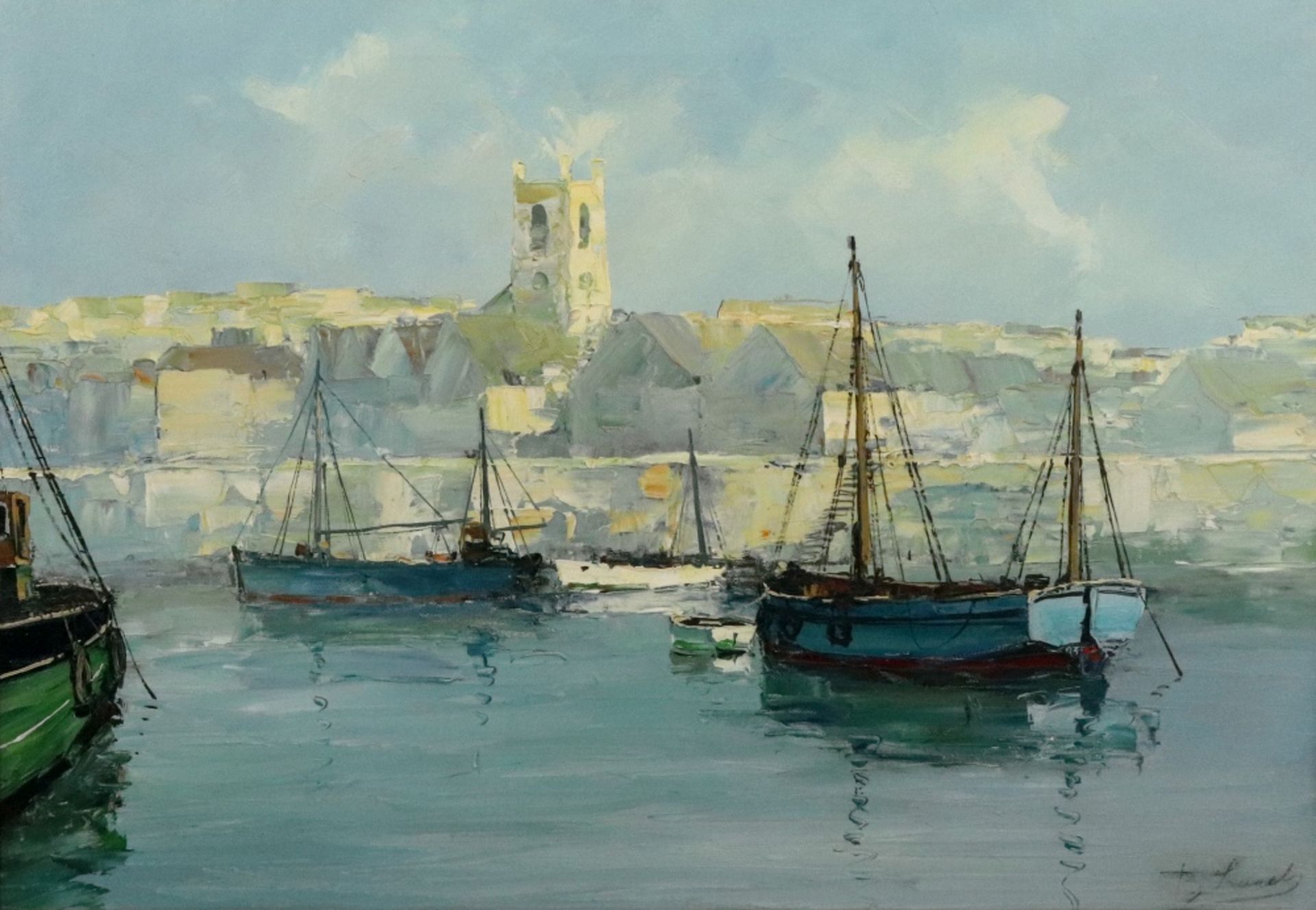 English School, 20th Century, Boats in a harbour, indistinctly signed 'B Leach?' (lower right),