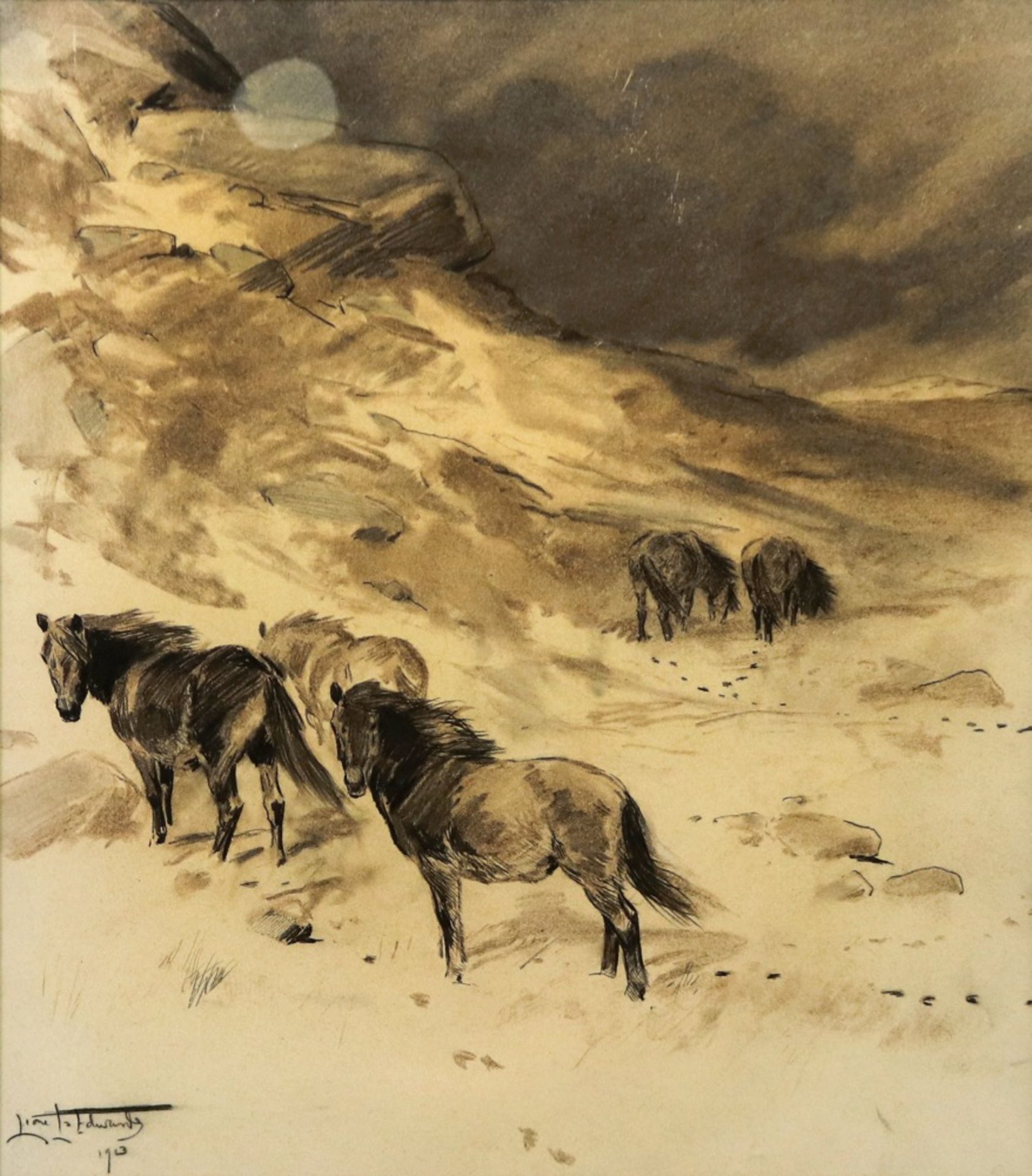 Lionel Edwards (British, 1878-1966), Ponies on a moor,