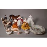 A group of ceramics including Beswick horses, Doulton ladies, Coalport ladies and sundry.