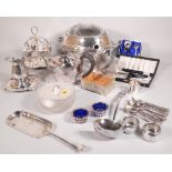 Silver plated items, including; a tureen, an egg stand, a ladle, a napkin ring, a jug and sundry,