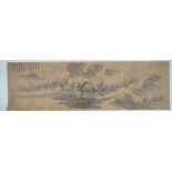 A Chinese school scroll painting of an extensive landscape, pen, ink and grey wash on silk,