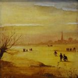 After Pieter Breugel, Skaters in a winter landscape, oil on panel, 30cm x 30cm.