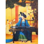 Oriental School, 20th Century, Geisha girl playing a sitar, oil on canvas, unframed, 101 x 76cm.