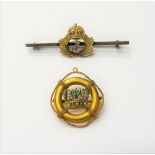 A gold, turquoise and seed pearl set brooch, designed as a Naval crown within a life-belt,