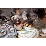 Ceramics and glass, mainly 20th century, including parts of a dinner service, glass decanters,