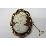 A Victorian oval shell cameo brooch, carved as the portrait of a classical lady, with fruiting vine,