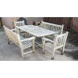 Barlow Tyrie; a rectangular slatted wood garden table, 180cm wide x 71cm high, two similar benches,