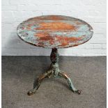 A George III later blue painted oak snap top circular tripod occasional table,