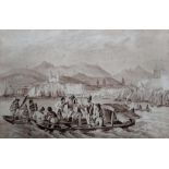Follower of Mauritz Rugendas, soldiers and natives crossing a river; a street scene with figures,